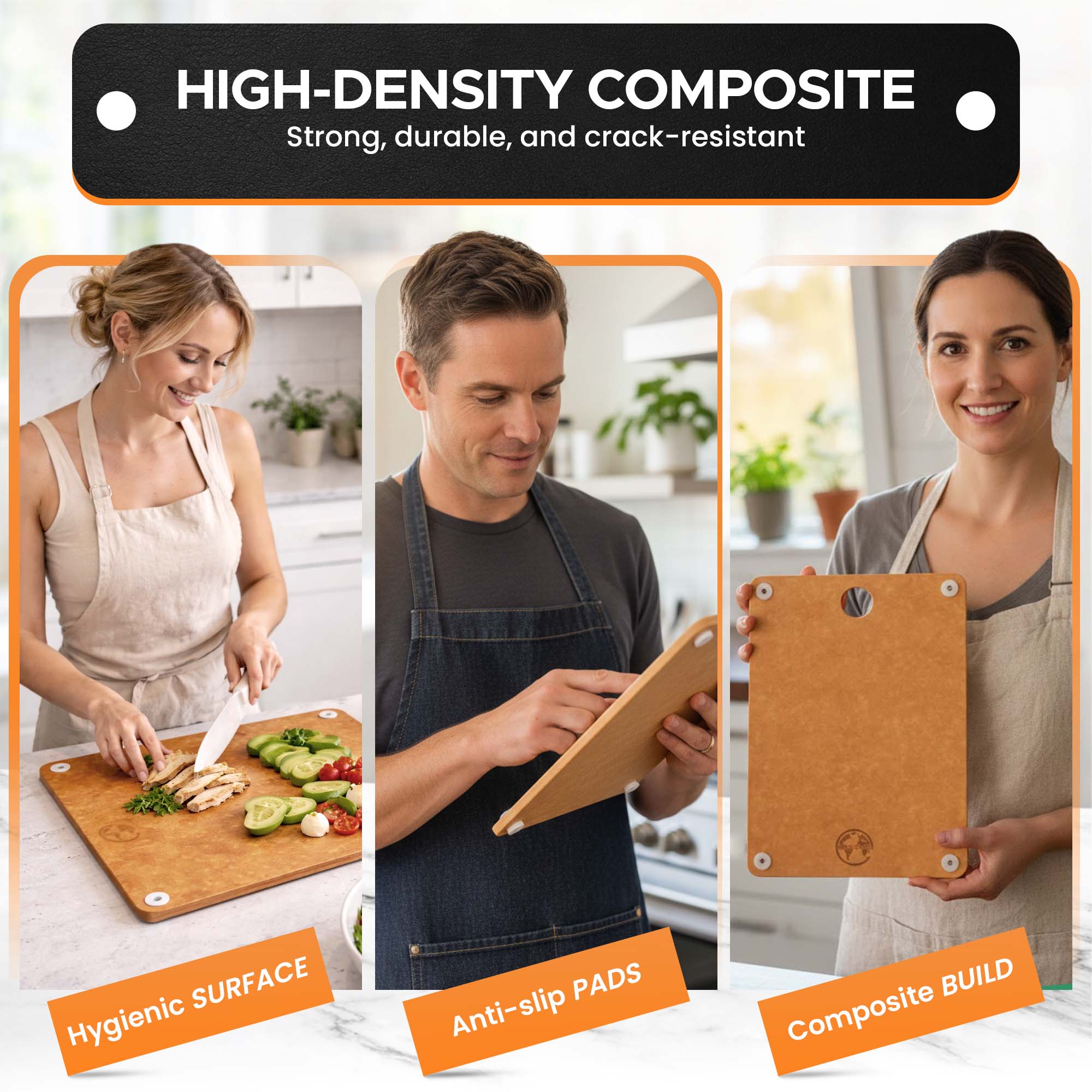 High-Density Composite - people using hygienic, anti-slip cutting boards in kitchen